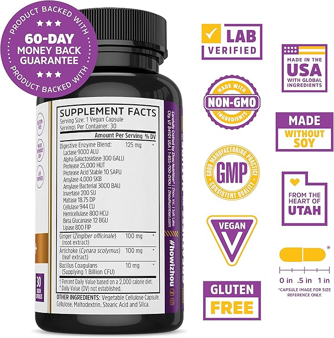 Zhou Nutrition Bloat Blast+ Digestive Enzymes 30 Servings