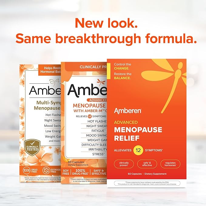 Amberen: Safe Multi-Symptom Menopause Relief. Clinically Shown to Relieve 12 Menopause Symptoms: Hot Flashes, Night Sweats, Mood Swings, Low Energy and More. 1 Month Supply