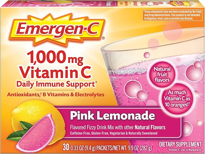 Emergen-C 1000mg Vitamin C Powder, with Antioxidants, B Vitamins and Electrolytes, Immunity Supplements for Immune Support, Caffeine Free Fizzy Drink Mix, Pink Lemonade Flavor - 30 Count