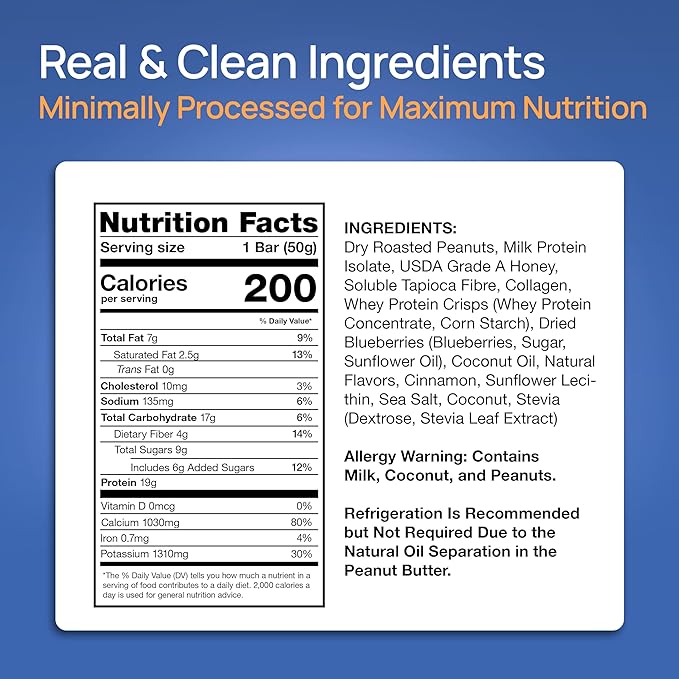 ProGo Protein Bars, Energy Bars – 19g Clean Protein, 95% Pure Isolate for Muscle Growth, Collagen for Recovery, Low Calorie, Sweetened w/ Honey & Peanut Butter (20-Count, Blueberry Coconut Crunch)