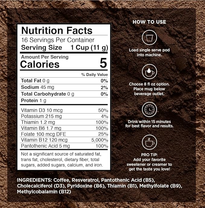 VitaCup Energy Dark Roast Coffee Pods, Boost Focus & Metabolism, Antioxidants, B Vitamins, Bold & Smooth,100% Arabica Coffee, Recyclable Single Serve Pod Compatible with Keurig K-Cup Brewers,16 Ct