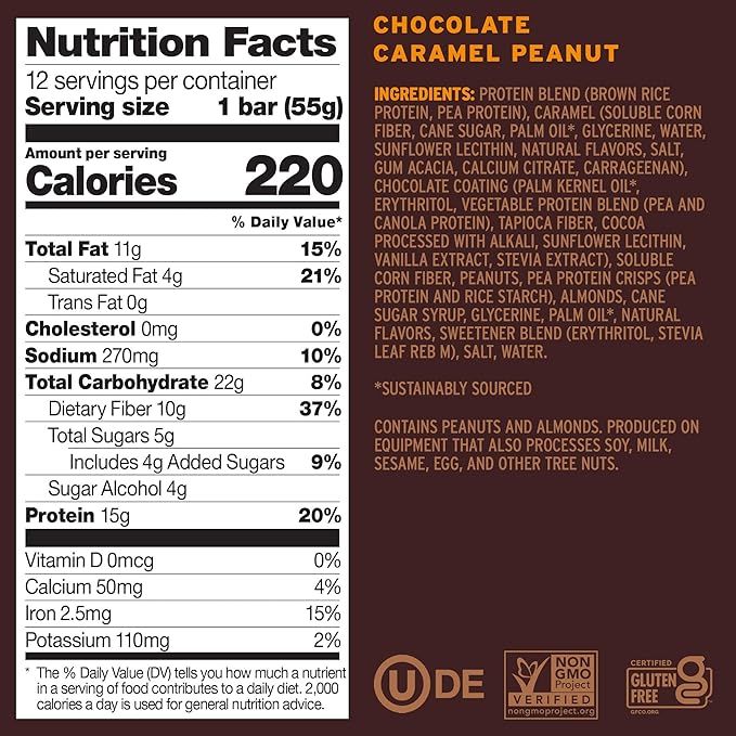 No Cow Vegan Protein Bars with Low Sugar & High Protein, 15g Plant Based Protein & 10g Fiber Snacks for On-the-Go Nutrition & Post-Workout, Gluten-Free, Dairy-Free(Chocolate Caramel Peanut, 12 Count)