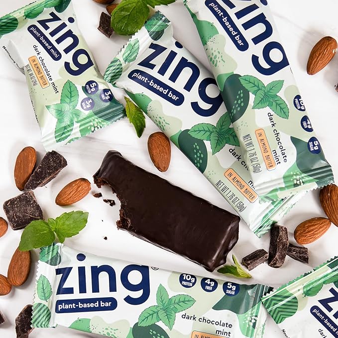 Zing Dark Chocolate Mint Vegan Protein Bars, Gluten Free with High Protein, High Fiber, Dairy Free Nutrition Bars, Plant Based Protein, Kosher, Low Sugar, No Sugar Alcohols - 12 count