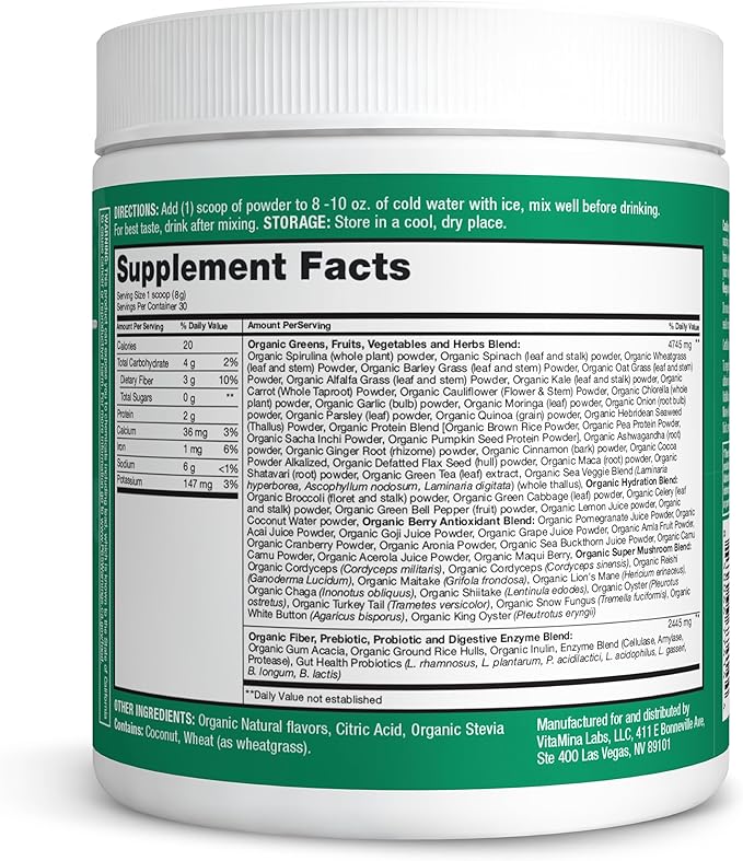 Zena Organic Super Greens Powder, 70+ Superfoods Drink Mix, 0 Sugar, 3G Fiber, Fruits, Veggies, Spirulina, Chlorella, Antioxidants, Pre & Probiotics, Digestive Enzymes, Green Apple Flavor, 30 Servings