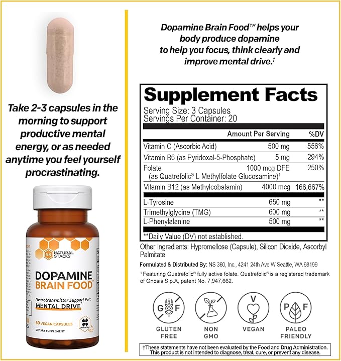 NATURAL STACKS Dopamine Brain Food - 650mg L-Tyrosine Supplement - Dopamine Supplement for Focus & Mental Drive - Supports Mental Energy - Neurotransmitter Support with B Vitamins - 120 Capsules