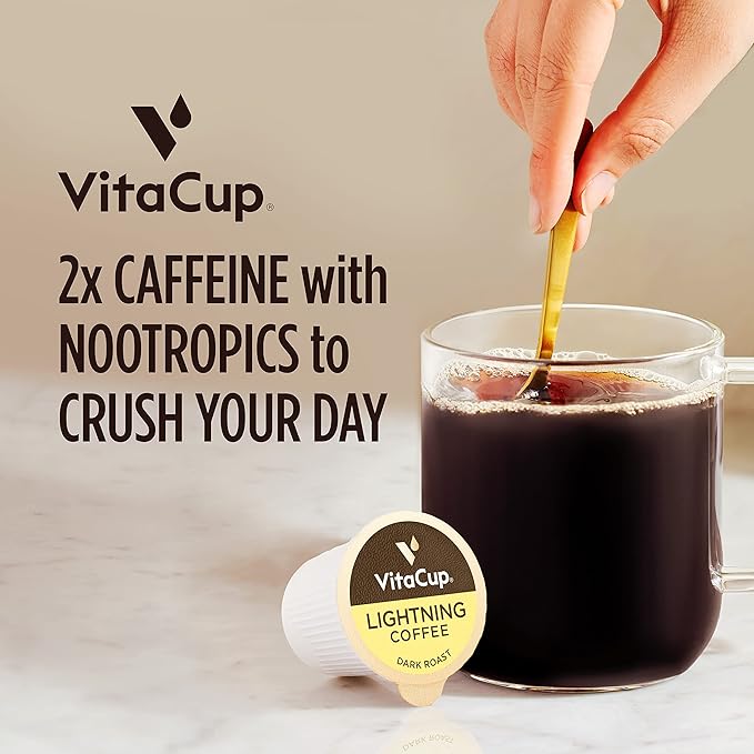 VitaCup Lightning Coffee Pods, for Focus w/ 2X Caffeine, Green Coffee Bean, B Vitamins, D3, Strong Dark Roast Coffee, Single Serve Pod Compatible with Keurig K-Cup Brewers, 64 Ct (4 packs of 16 ct)