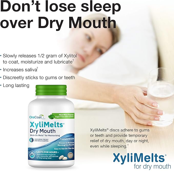 OraCoat XyliMelts Dry Mouth Relief Moisturizing Stick-On-Melts with Xylitol, 230 Count, Mild Mint, Helps Stimulate Saliva for Dry Mouth, Non-Acidic, Day & Night Use, Time Release for Up to 8-Hour