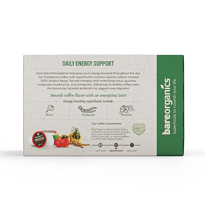 BareOrganics Energy Medium Roast Coffee, Organic, 10 K-Cup Pods, Superfoods & Probiotics Infused, Vegan, Gluten Free, 10 Single Serve Cups