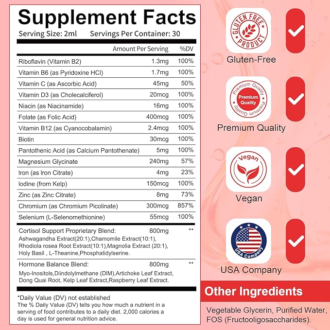 Women Endocrine Superfood Supplement Liquid Drops, Supports Healthy Cortisol Levels, Hormonal Balance, Gut Health, Mood, Sleep Support, Multivitamin+Inositols, Rhodiola, DIM