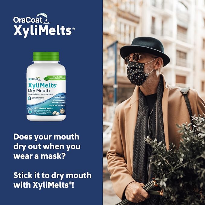 OraCoat XyliMelts Dry Mouth Relief Moisturizing Stick-On-Melts with Xylitol, 230 Count, Mild Mint, Helps Stimulate Saliva for Dry Mouth, Non-Acidic, Day & Night Use, Time Release for Up to 8-Hour