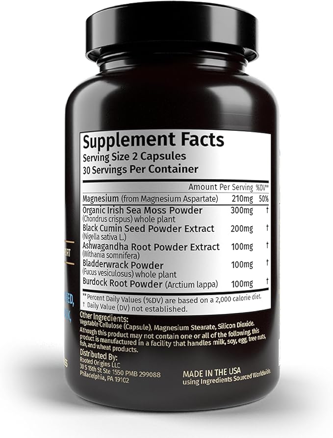 Sea Moss Capsules- Irish Sea Moss, Ashwagandha, Black Cumin Seed, Bladderwrack, Burdock Root & Magnesium- Immune Support, Gut Health, Energy, & More - 60 Capsules