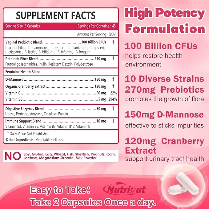Probiotics for Women 100 Billion CFUs Probiotic and Prebiotics with Digestive Enzymes for Gut Health, Vaginal Probiotics with Cranberry and D-Mannose for Urinary Tract Health, pH Balance, 88 Capsules