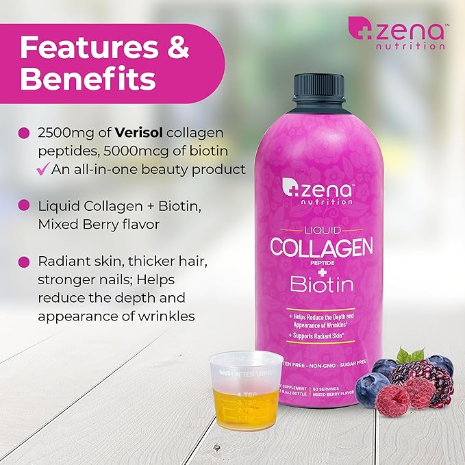 Zena Nutrition Liquid Collagen Peptide + Biotin 2500mg Verisol 5000mcg Biotin 60 Servings, 20.3 FL