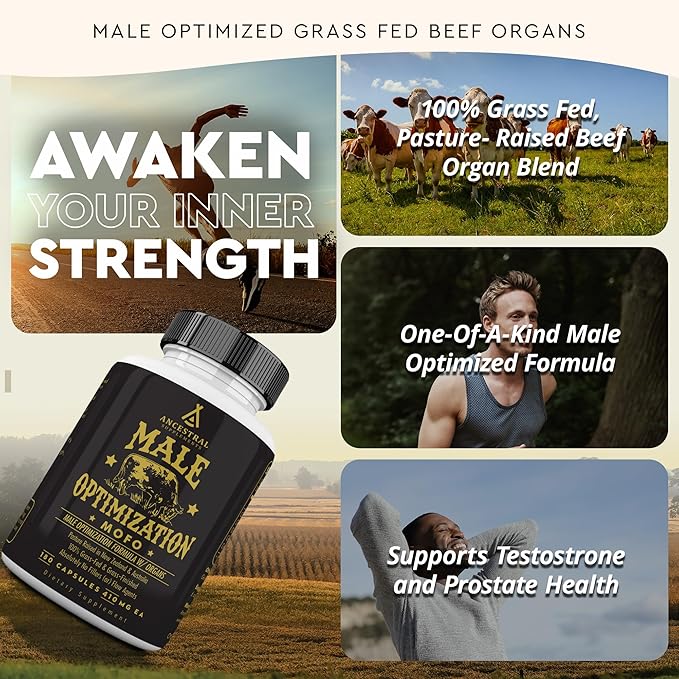 Ancestral Supplements Mofo, Supplements for Men, Support for Test and Energy Levels and Overall Men's Health and Wellness, Non-GMO Grass Fed Beef Organ Supplement with Liver, No Fillers, 180 Capsules