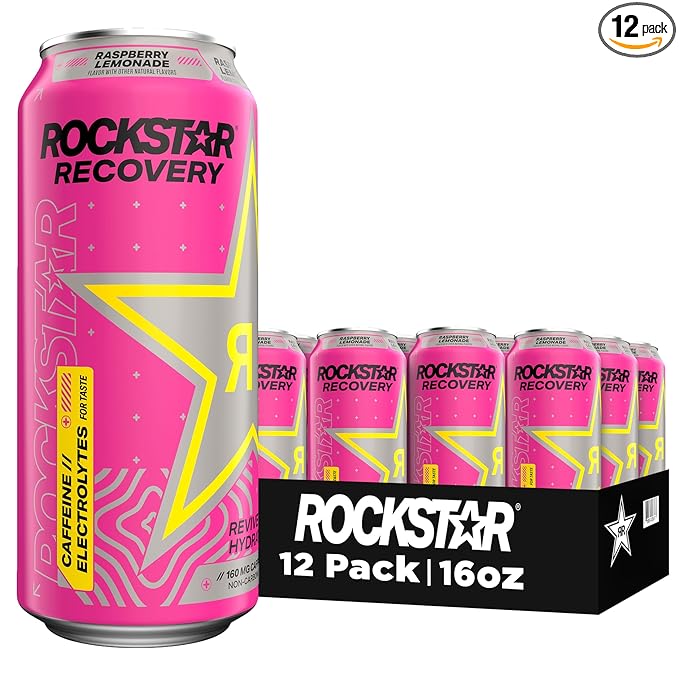 Rockstar Recovery Non-Carbonated Energy Drink, Raspberry Lemonade, 16 fl oz Cans, (12 Pack), Hydration // Mind-Body Energy, 160mg Caffeine, B Vitamins, Electrolytes