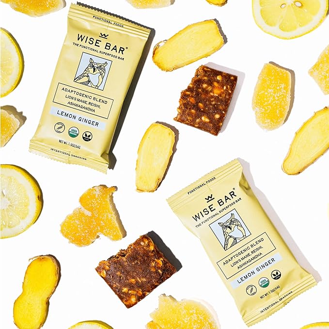 Wise Bar Adaptogen Mushroom Nutrition Bars with Reishi, Lions Mane & Ashwagandha, Organic Vegan & Gluten Free Snacks for Natural Focus, Energy & Immunity Support, Lemon Ginger Flavor, 12 Count