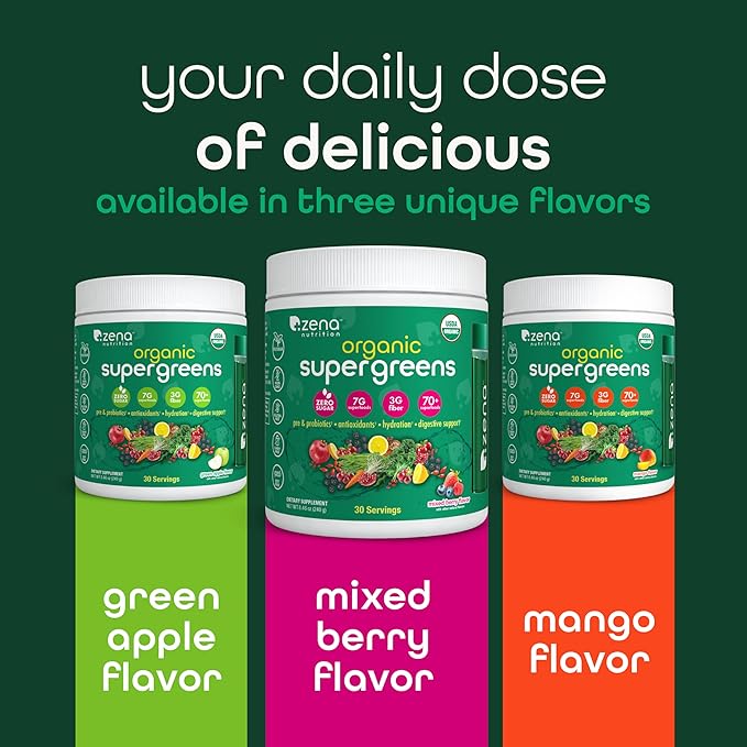 Zena Organic Super Greens Powder, 70+ Superfoods Drink Mix, 0 Sugar, 3G Fiber, Fruits, Veggies, Spirulina, Chlorella, Antioxidants, Pre & Probiotics, Digestive Enzymes, Mango Flavor, 30 Servings