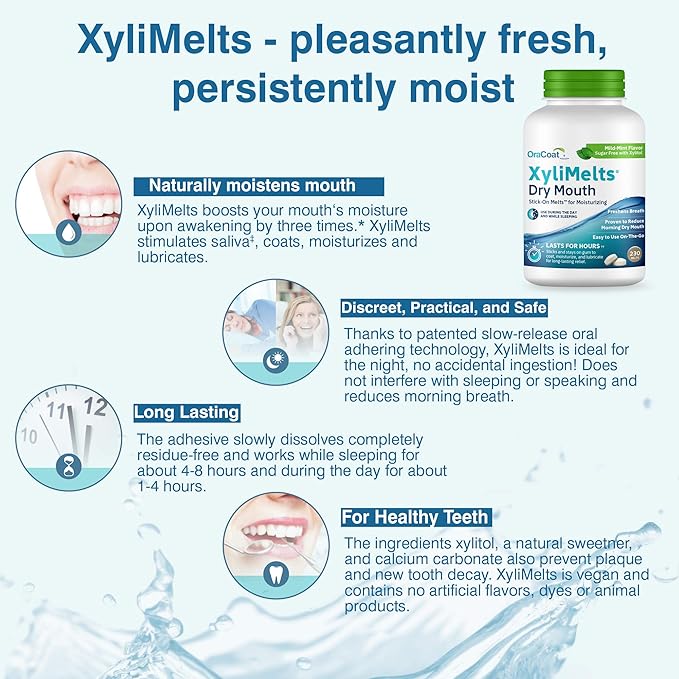 OraCoat XyliMelts Dry Mouth Relief Moisturizing Stick-On-Melts with Xylitol, 230 Count, Mild Mint, Helps Stimulate Saliva for Dry Mouth, Non-Acidic, Day & Night Use, Time Release for Up to 8-Hour