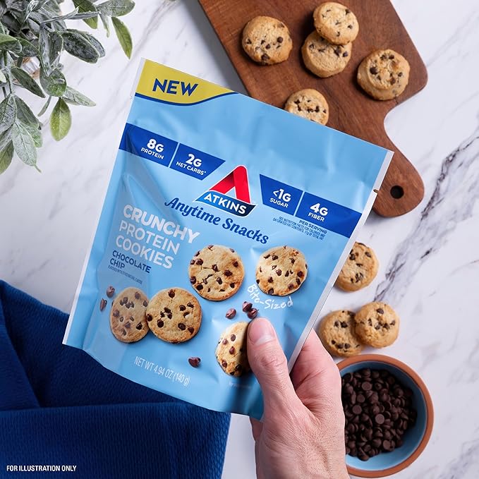 Atkins Bite-Sized Crunchy Protein Cookies, Chocolate Chip, 8g Protein, 4g Fiber, 1g Net Carb, 1g Sugar, Keto Friendly, 3 Bags (5 Servings Per Bag)