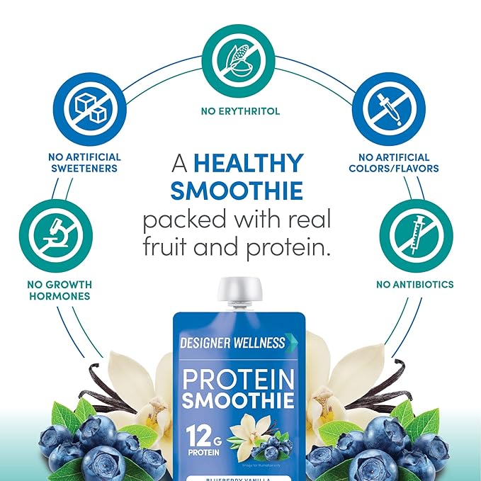 Designer Wellness Protein Smoothie, Real Fruit, 12g Protein, Low Carb, Zero Added Sugar, Gluten-Free, Non-GMO, No Artificial Colors or Flavors, Blueberry Vanilla, 12 Count