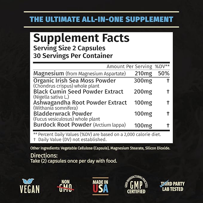 Sea Moss Capsules- Irish Sea Moss, Ashwagandha, Black Cumin Seed, Bladderwrack, Burdock Root & Magnesium- Immune Support, Gut Health, Energy, & More - 60 Capsules