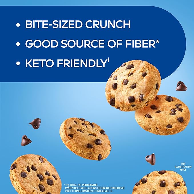 Atkins Bite-Sized Crunchy Protein Cookies, Chocolate Chip, 8g Protein, 4g Fiber, 1g Net Carb, 1g Sugar, Keto Friendly, 3 Bags (5 Servings Per Bag)