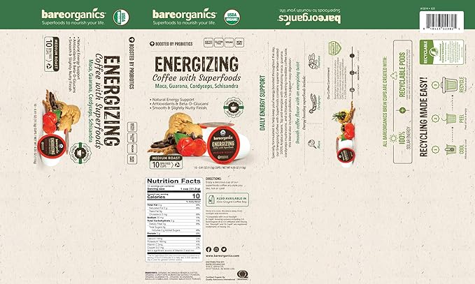 BareOrganics Energy Medium Roast Coffee, Organic, 10 K-Cup Pods, Superfoods & Probiotics Infused, Vegan, Gluten Free, 10 Single Serve Cups