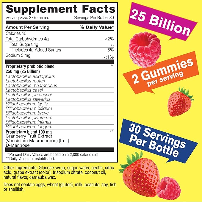 25 Billion Probiotics for Women Cranberry and D-Mannose Gummies (2 Pack) - Vaginal and Gut Health, Digestive Support, and Feminine Health - Womens Probiotic with 12 Strains - 60 Gummies