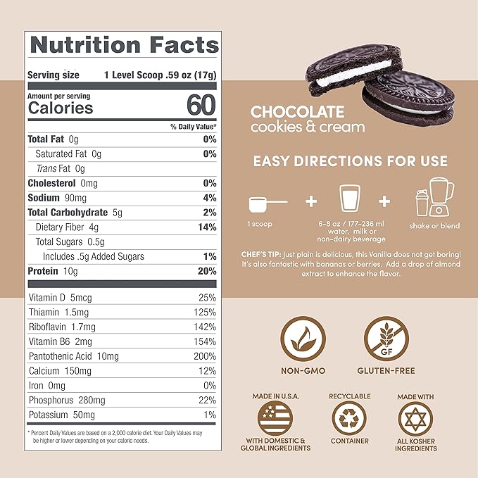 Designer Wellness, Designer Lite, Low Calorie Natural Protein, Prebiotic Fiber, Key Vitamins & Minerals,Chocolate Cookies & Cream, 9.03 Ounces