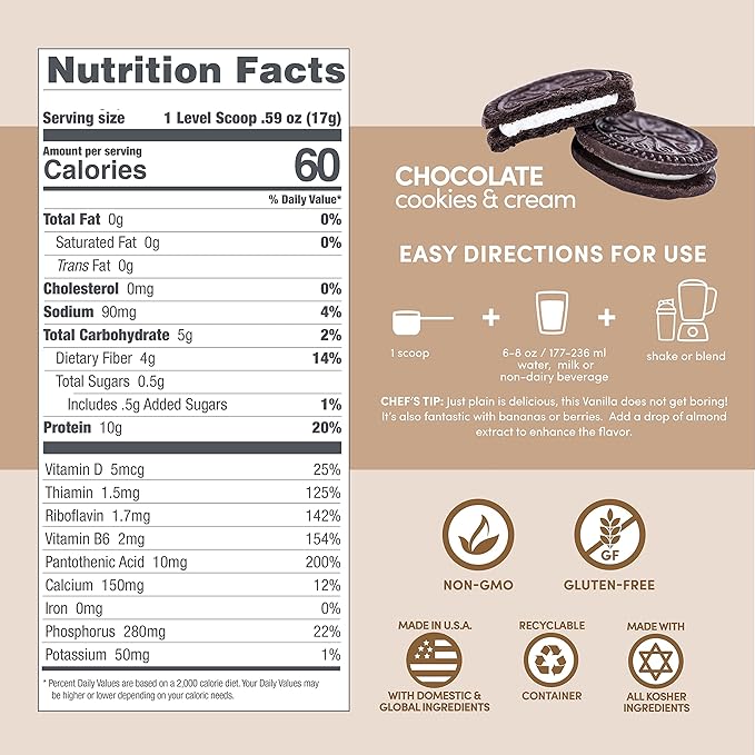 Designer Wellness, Designer Lite, Low Calorie Natural Protein, Prebiotic Fiber, Key Vitamins & Minerals,Chocolate Cookies & Cream, 9.03 Ounces