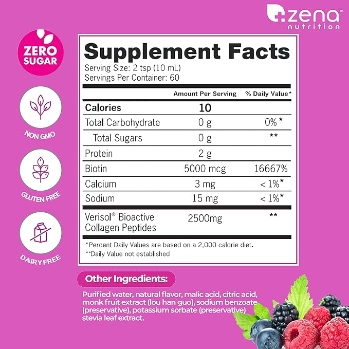 Zena Nutrition Liquid Collagen Peptide + Biotin 2500mg Verisol 5000mcg Biotin 60 Servings, 20.3 FL