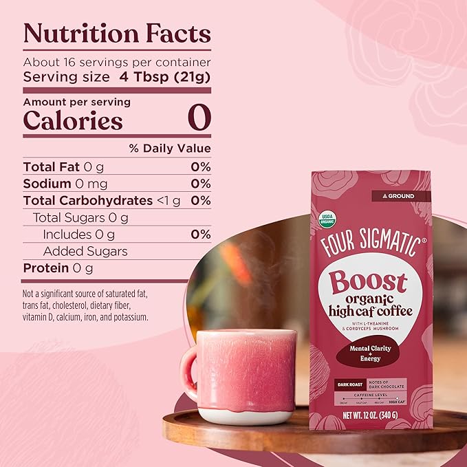 Four Sigmatic Boost Organic High Caffeine Coffee | Dark Roast Extra Strong Ground Coffee with L-Theanine & Cordyceps Mushroom Extract | Energy Booster Without the Jitters | 12oz Bag