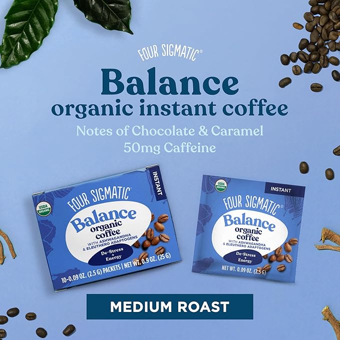 Adaptogen Organic Coffee by Four Sigmatic | Medium Roast Instant Coffee with Ashwagandha, Chaga, Eleuthero & Tulsi | Immune Support & Stress Relief | Keto | Multicolored | 0.09 Oz | Pack of 10
