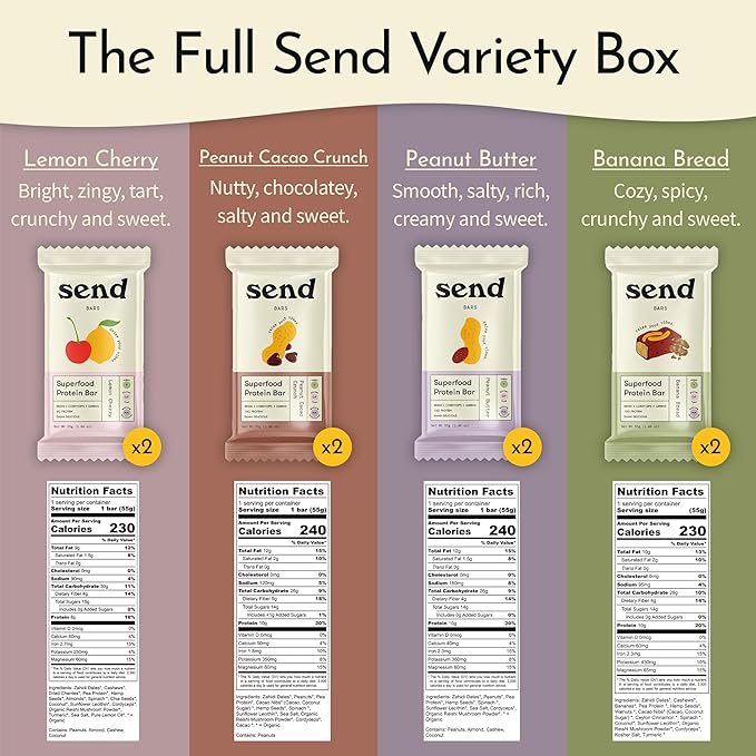 Send Bars Plant-Based Vegan Healthy Protein Bars, With Greens (The Full Send Variety Box, 8 Bars) – Lemon Cherry (x2), Peanut Butter (x2), Banana Bread (x2), Peanut Cacao Crunch (x2)