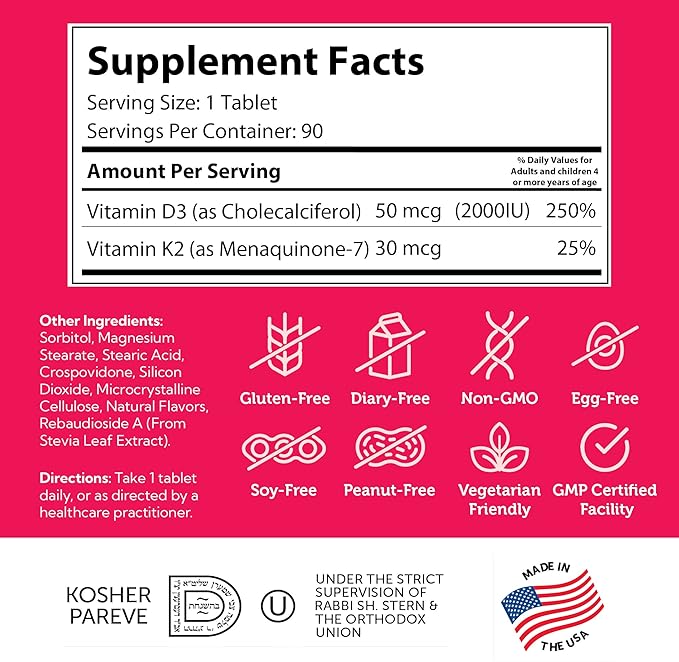 Zahler - Junior Vitamin D3 + K2 Chewable Tablets for Kids| Vitamin D for Kids 2000 IU | Delicious Vitamin D K2 Chews to Support Healthy Bones & Teeth - Kosher, Less Sugar Than Gummies (90 Count)