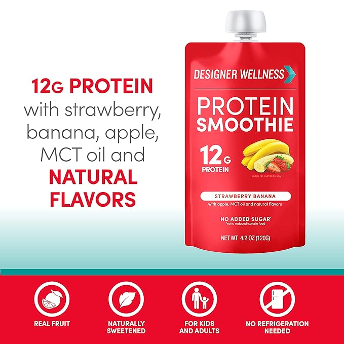 Designer Wellness Protein Smoothie, Real Fruit, 12g Protein, Low Carb, Zero Added Sugar, Gluten-Free, Non-GMO, No Artificial Colors or Flavors, Strawberry Banana, 12 Count