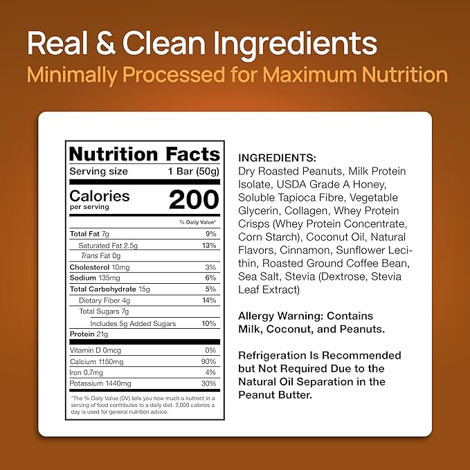 ProGo Protein Bars, Energy Bars – 21g Clean Protein, 95% Pure Isolate for Muscle Growth, Collagen for Recovery, Low Calorie, Sweetened w/ Honey & Peanut Butter (20-Count, Coffee Crunch)