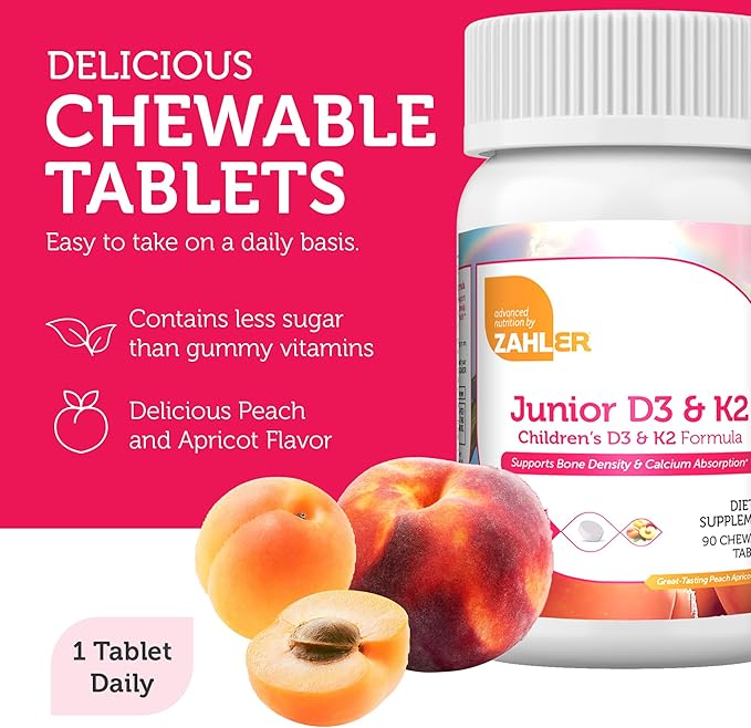 Zahler - Junior Vitamin D3 + K2 Chewable Tablets for Kids| Vitamin D for Kids 2000 IU | Delicious Vitamin D K2 Chews to Support Healthy Bones & Teeth - Kosher, Less Sugar Than Gummies (90 Count)