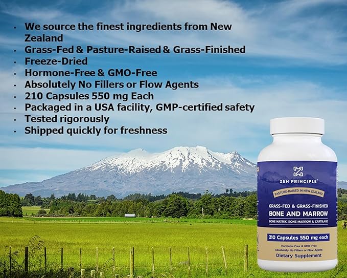 Zen Principle Grass Fed Beef Bone Marrow Supplement, 3300mg. Skin, Oral Health, and Joint Support. Promotes Whole-Body Wellness. Whole Bone Extract, 2-Pack, 420 Capsules (210 Capsules Per Bottle).