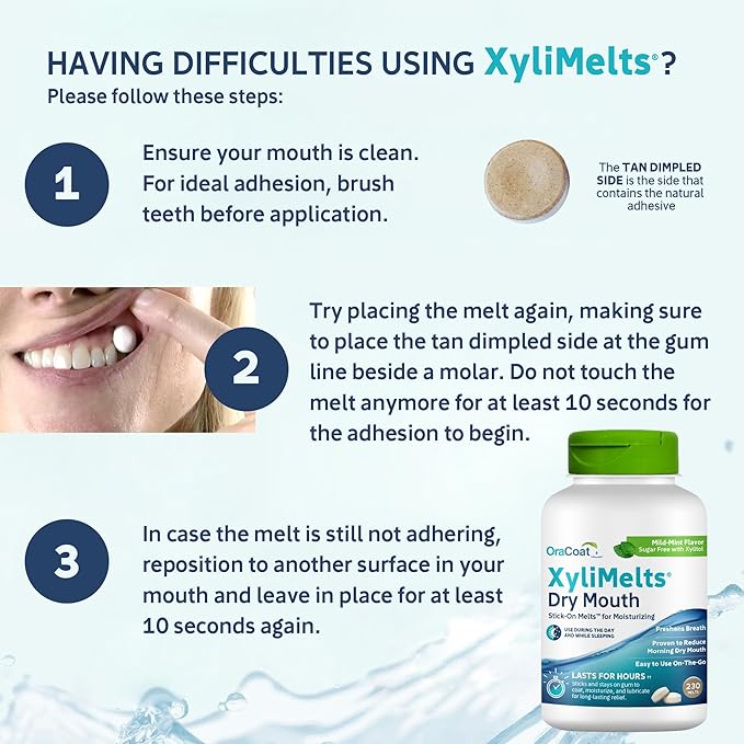 OraCoat XyliMelts Dry Mouth Relief Moisturizing Stick-On-Melts with Xylitol, 230 Count, Mild Mint, Helps Stimulate Saliva for Dry Mouth, Non-Acidic, Day & Night Use, Time Release for Up to 8-Hour