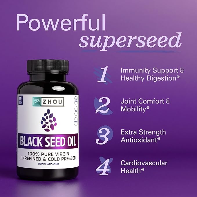 Zhou Nutrition Black Seed Oil Capsules, 100% Virgin, Cold Pressed Source of Omega 3 6 9, Super Antioxidant for Immune Support, Joints, Digestion, Hair & Skin, 60 Caps