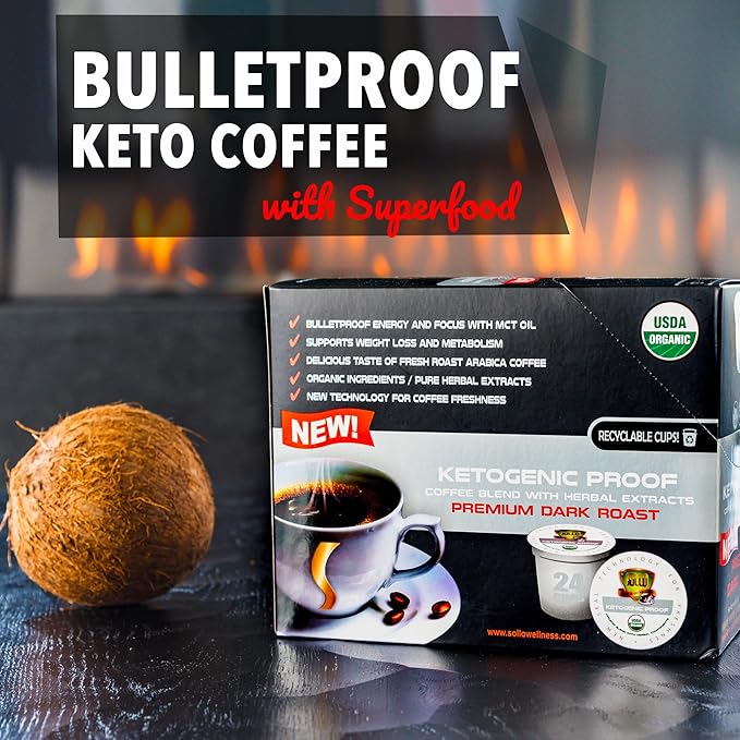 SOLLO KETO Dark Roast Infused Coffee Pods, 0 g CARBS, Coconut MCT Oil, Compatible With 2.0 K-Cup Keurig Brewers, 24 Ct
