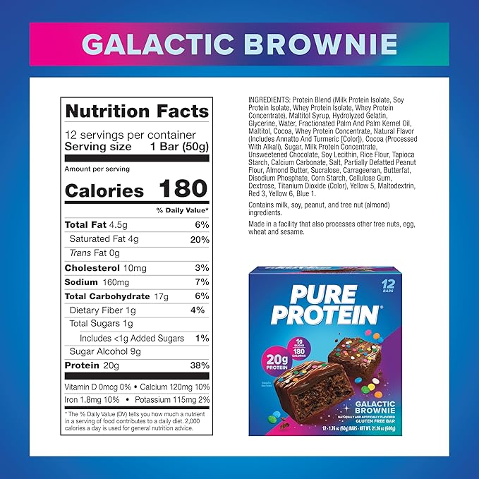 Pure Protein Galactic Brownie Bars - 12 Count Box | 20g High Protein, Gluten-Free, On-the-Go Snack | Ideal Pre & Post-Workout Fuel | Low Sugar, Great Taste!