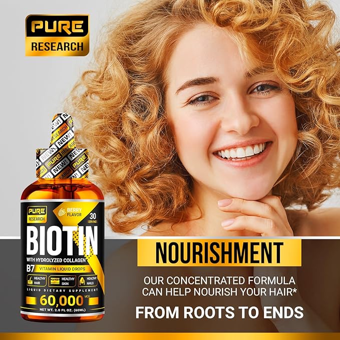 PURE RESEARCH Biotin & Collagen 60,000mcg (4Fl Oz)