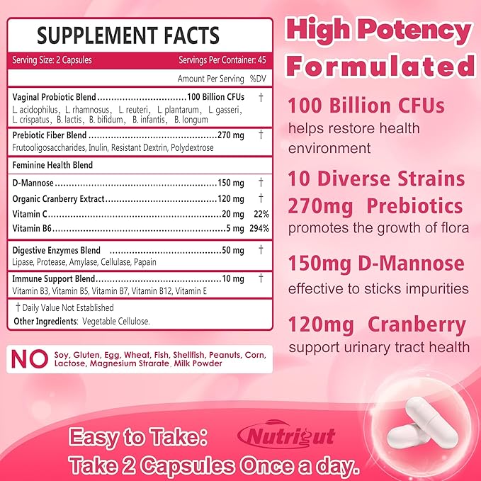 Probiotics for Women 100 Billion CFUs Probiotic and Prebiotics with Digestive Enzymes for Gut Health, Vaginal Probiotics with Cranberry and D-Mannose for Urinary Tract Health, pH Balance, 90 Capsules