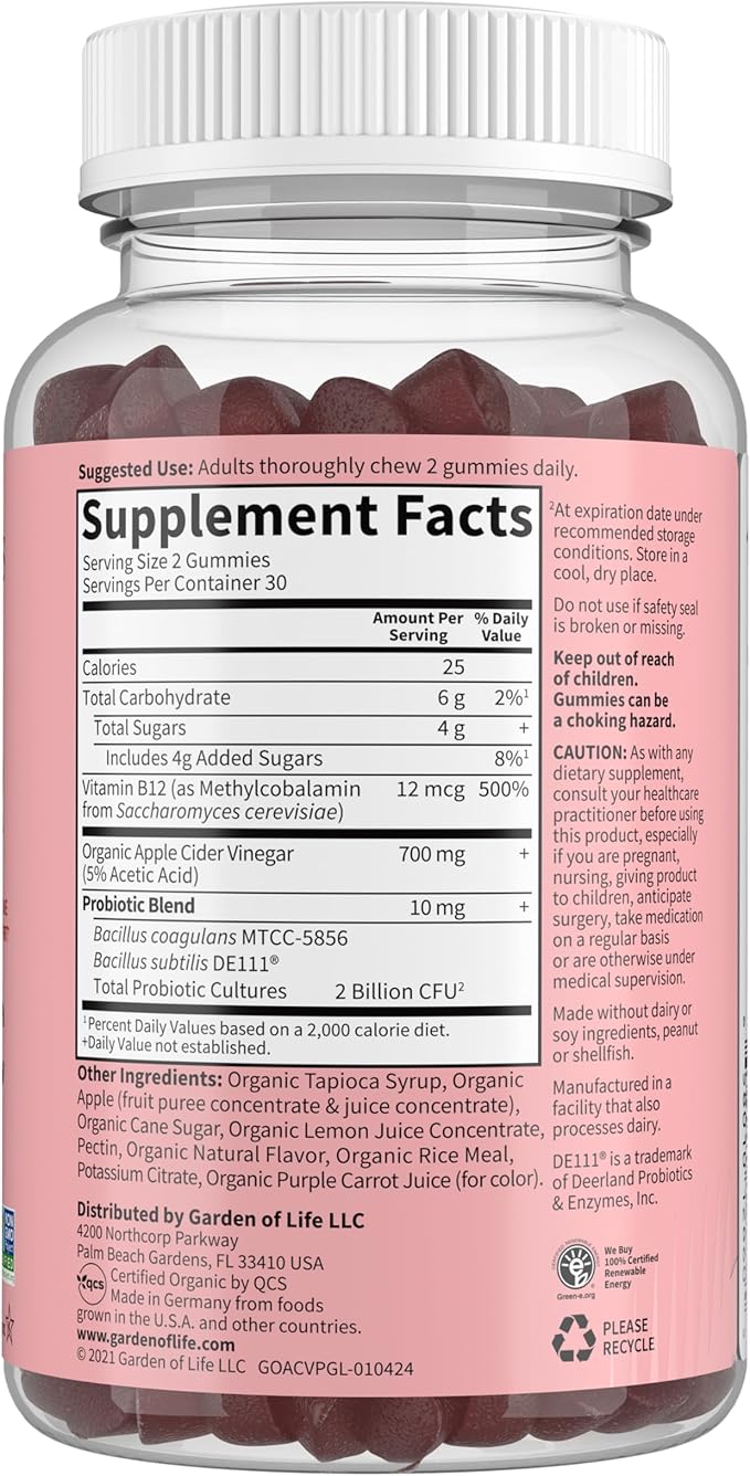 Garden of Life Apple Cider Vinegar 2 Billion B12-60 Vegan,