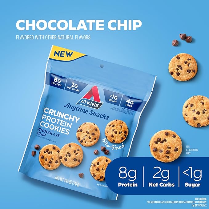 Atkins Bite-Sized Crunchy Protein Cookies, Chocolate Chip, 8g Protein, 4g Fiber, 1g Net Carb, 1g Sugar, Keto Friendly, 3 Bags (5 Servings Per Bag)
