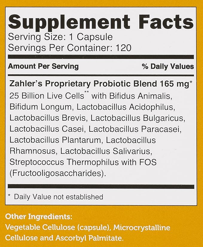 Zahler Advanced Nutrition Probiotic Nutritional Supplement 25 Billion 120 Capsules