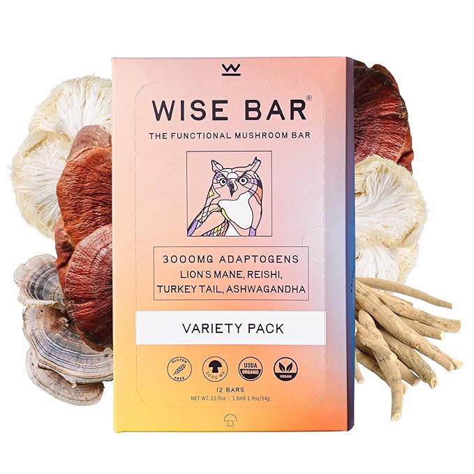 Wise Bar Adaptogen Mushroom Nutrition Bars with Reishi, Lions Mane & Ashwagandha, Organic Vegan & Gluten Free Snacks for Natural Focus, Energy & Immunity Support, Variety Flavor Pack, 12 Count