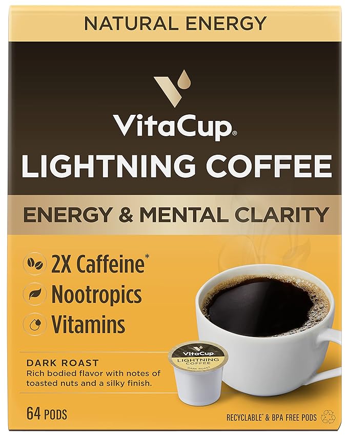 VitaCup Lightning Coffee Pods, for Focus w/ 2X Caffeine, Green Coffee Bean, B Vitamins, D3, Strong Dark Roast Coffee, Single Serve Pod Compatible with Keurig K-Cup Brewers, 64 Ct (4 packs of 16 ct)